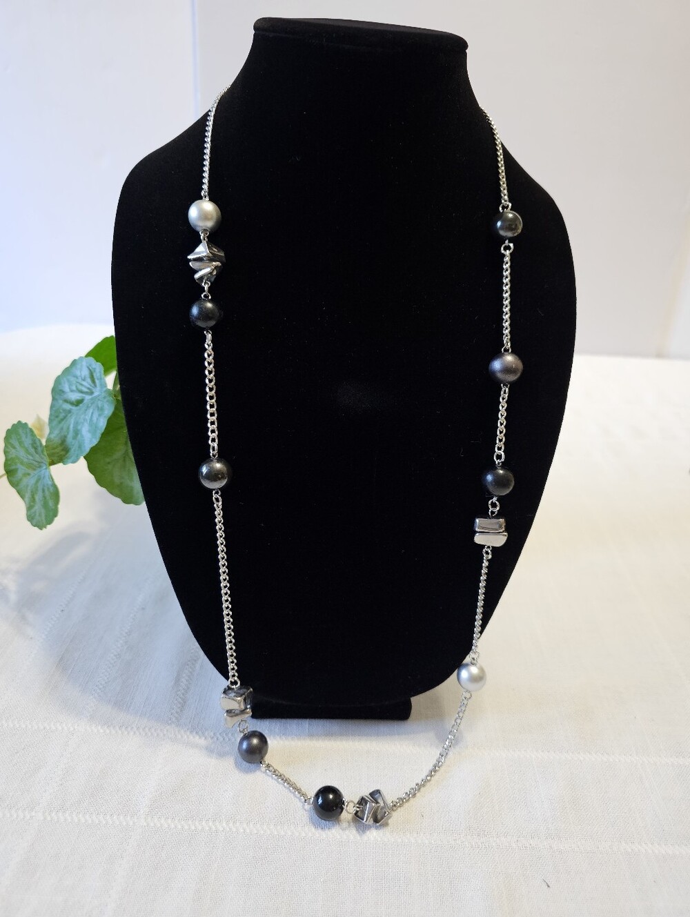 Elegant Long Pearl & Silver Chain Necklace - Black and Silver